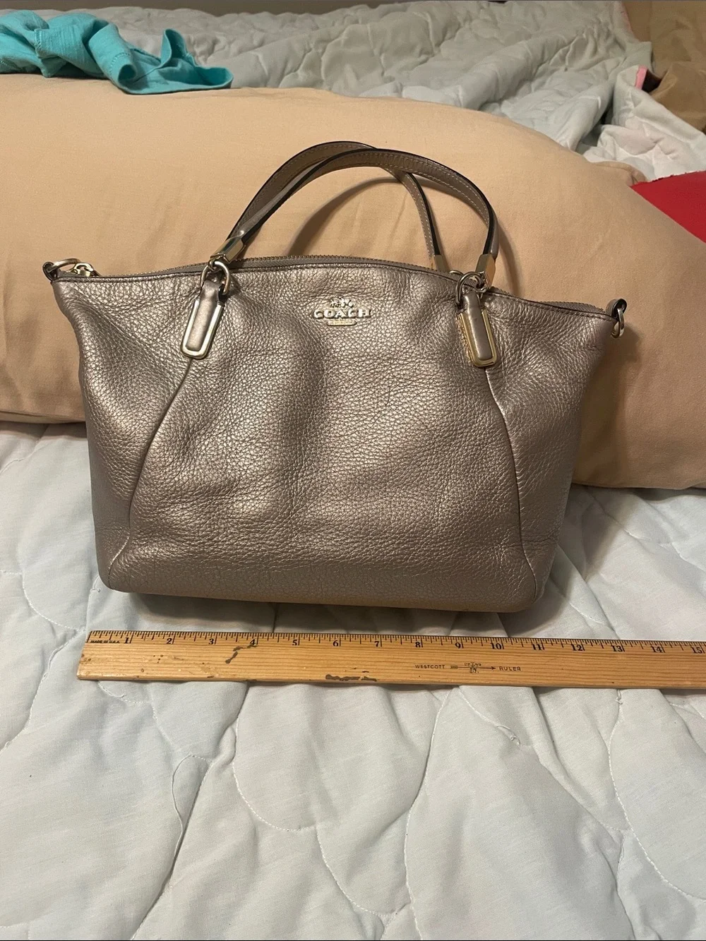 Coach Kelsey Satchel metallic gold pebbled leather